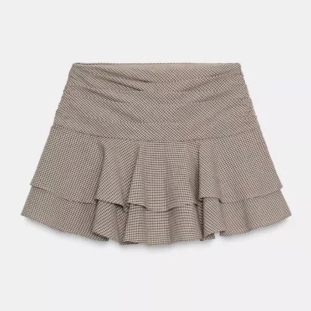 ZARA Tiered Mini Skort  in Taupe Gingham Schoolgirl nwt medium